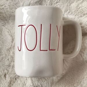 Magenta White JOLLY Mug with red interior and script